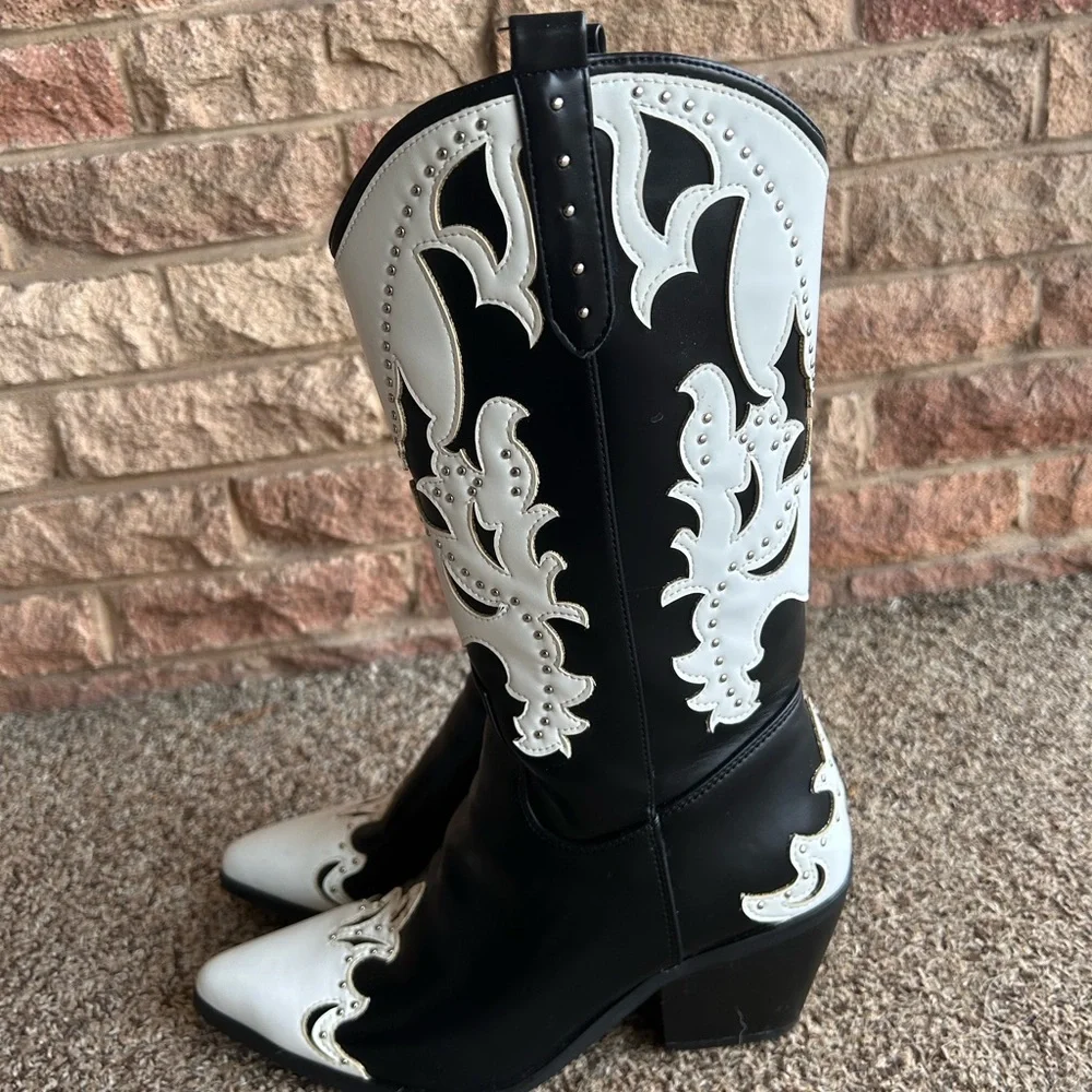 Cowgirl Boots Embroidered Pointed Toe Mid Calf Boots with Chunky Block Heel - Picture 10 of 16